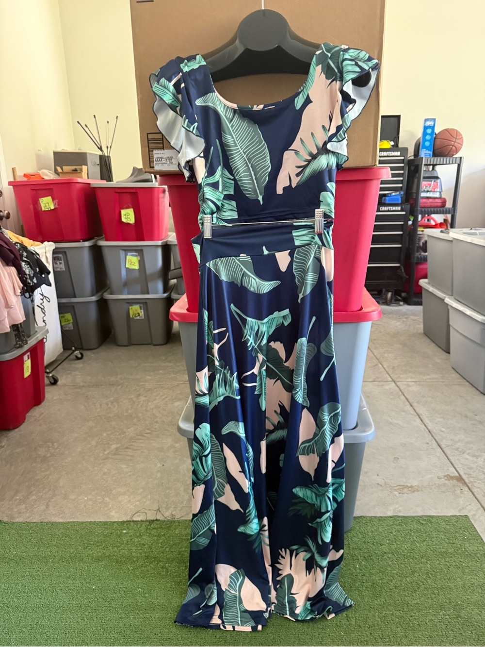 Women’s Navy Tropical Print Maxi 2 pc with Ruffle Sleeves p56